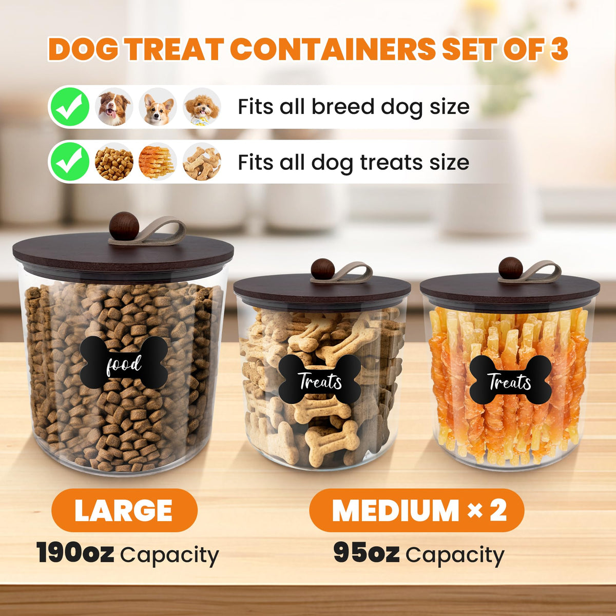 3 Pack Airtight Dog Treat Containers with Bamboo Lids A211304
