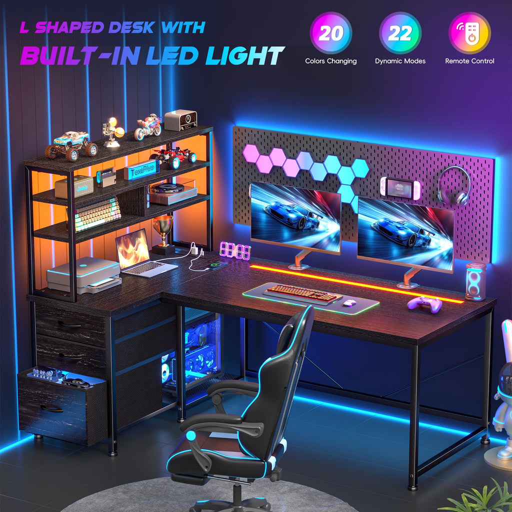 55" L Shaped Gaming Desk with 3 Fabric Drawers & Shelves V8561