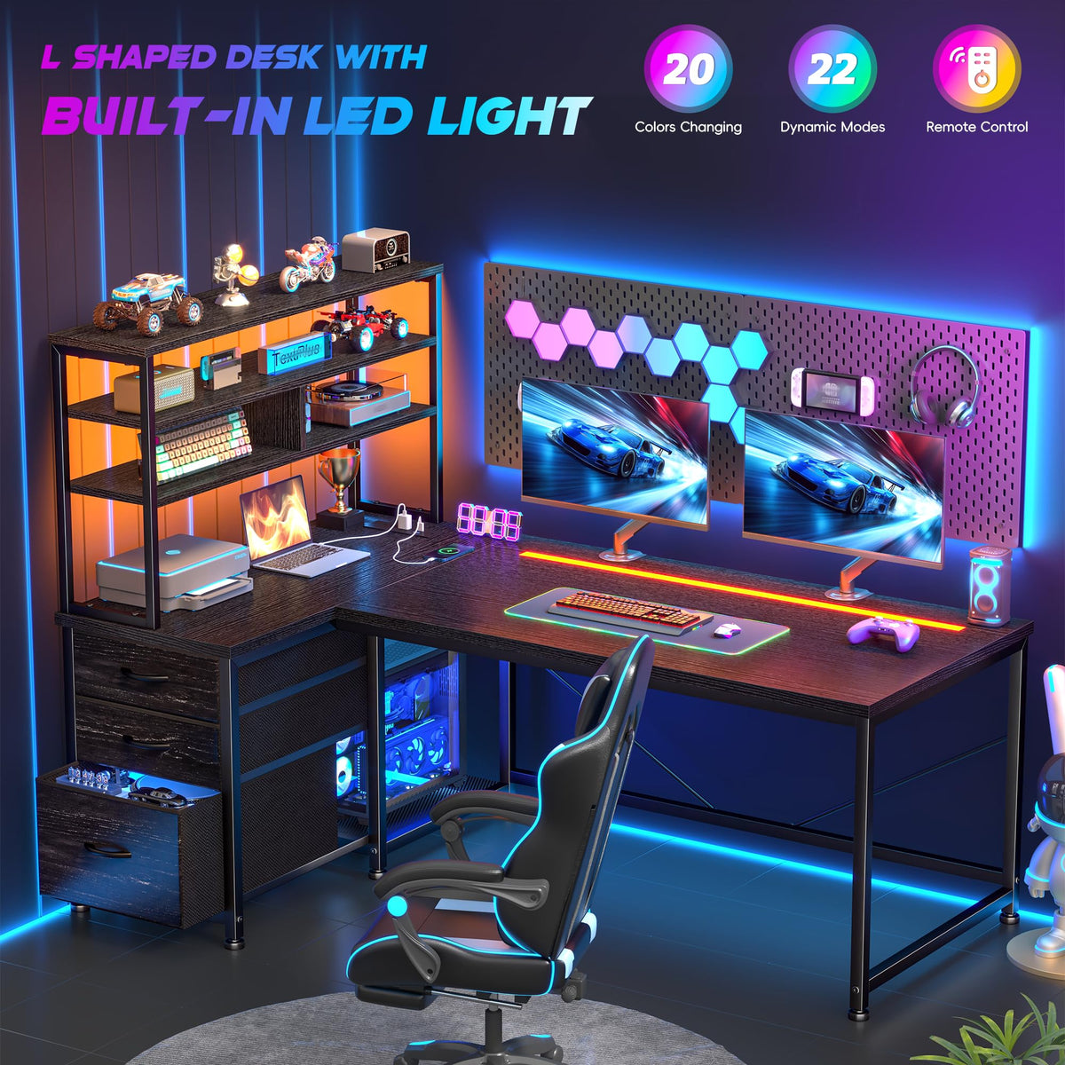55" L Shaped Gaming Desk with 3 Fabric Drawers & Shelves V8561