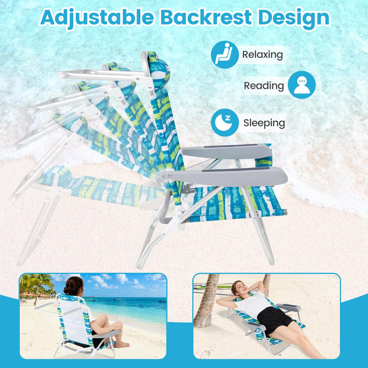 2Pcs Folding Camping Chair with Adjustable Backrest, Cup Holder & Headrest, Green J51574