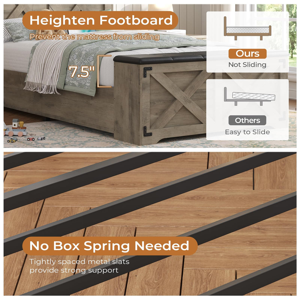 Oak Gray Wood Twin Size Bed Frame with Storage Headboard and Charging Station G498537