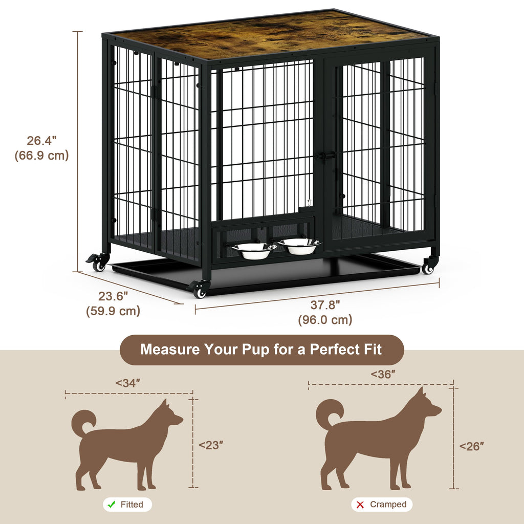 Heavy Duty Foldable Dog Crate with Wheels & Feeding Bowls N788376