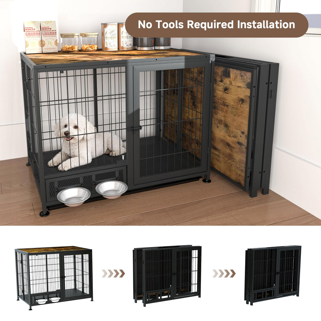 Heavy Duty Foldable Dog Crate with Wheels & Feeding Bowls N788376