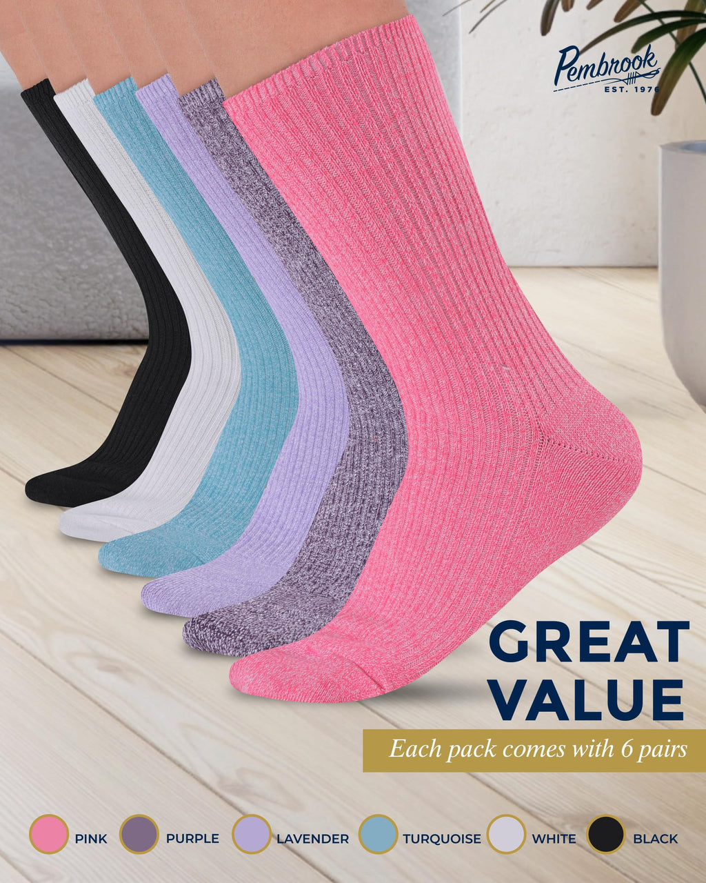 Ribbed Knit Bamboo Viscose Diabetic Socks for Women 6 Pairs A81028