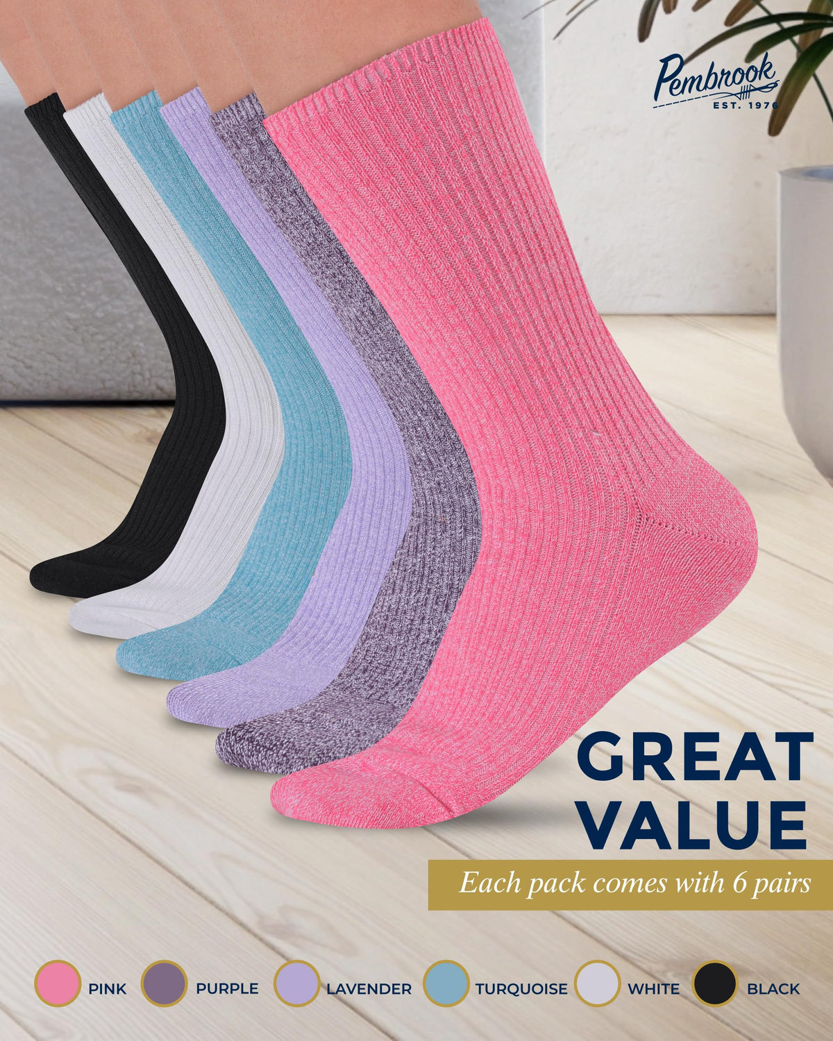 Ribbed Knit Bamboo Viscose Diabetic Socks for Women 6 Pairs A81028