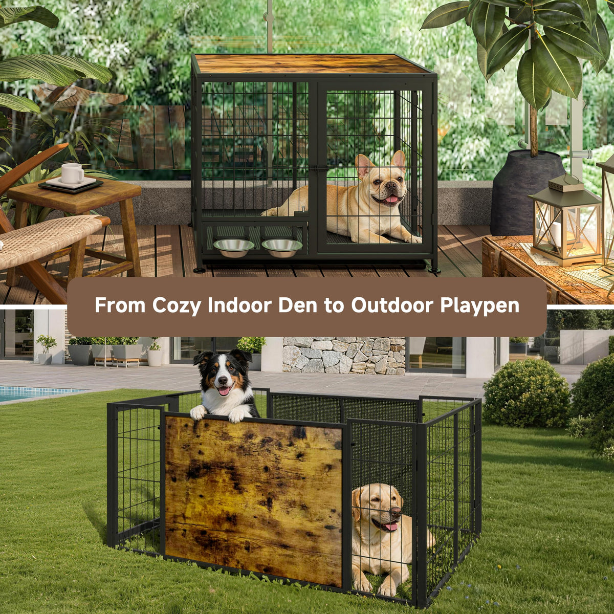 Heavy Duty Foldable Dog Crate with Wheels & Feeding Bowls N788376