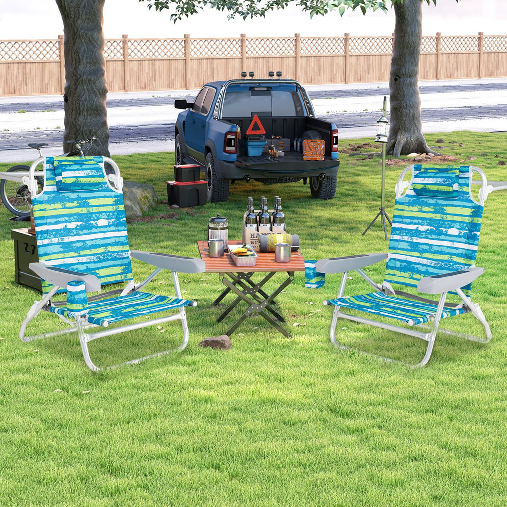 2Pcs Folding Camping Chair with Adjustable Backrest, Cup Holder & Headrest, Green J51574