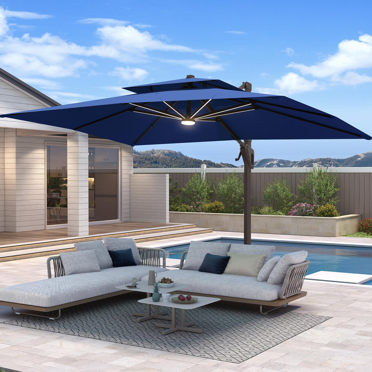 10 X 13 FT Cantilever Patio Umbrella with Base & Lights L919568