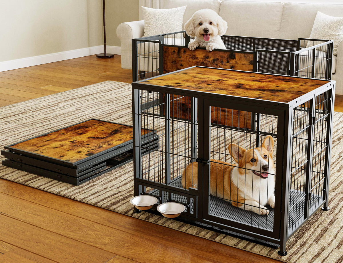 Heavy Duty Foldable Dog Crate with Wheels & Feeding Bowls N788376