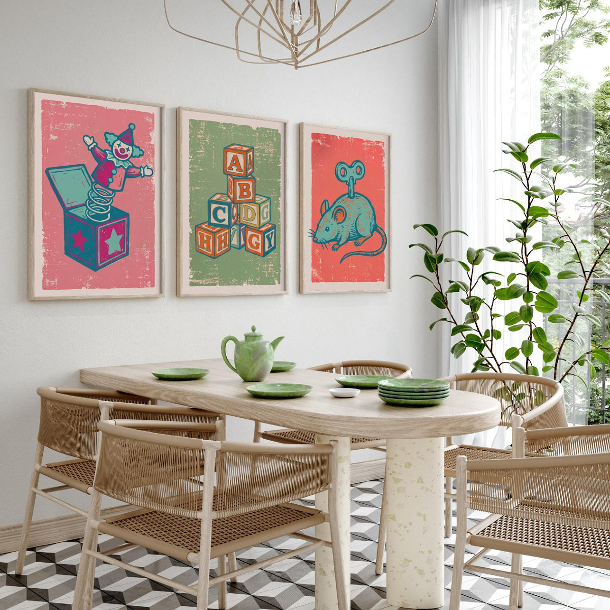 Art Prints Set of 3 Retro Linocut Style P489