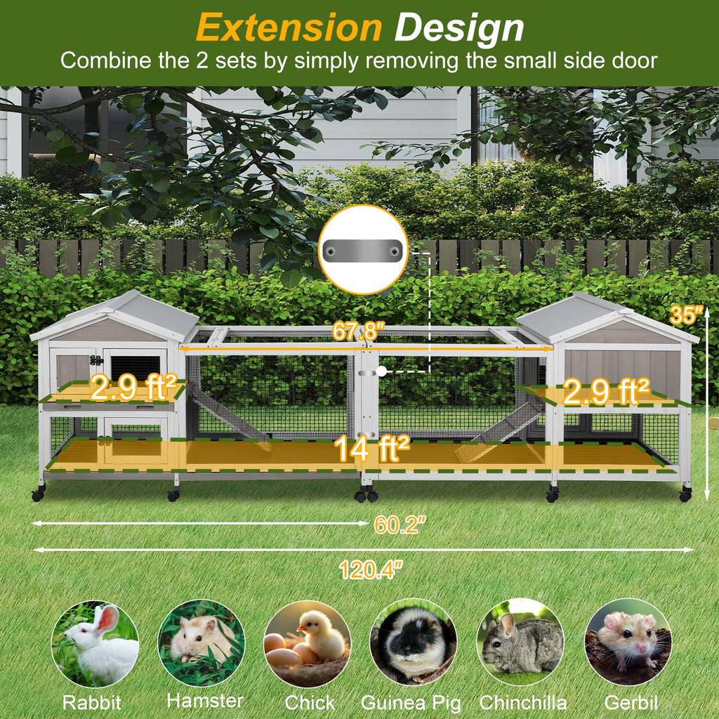 Large Rabbit Hutch with Run 2-Story Bunny Cage 6 Wheels Y228