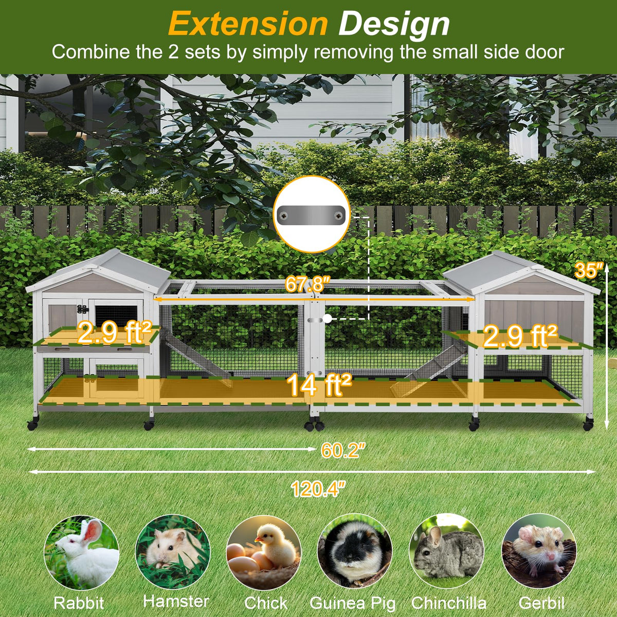 Large Rabbit Hutch with Run 2-Story Bunny Cage 6 Wheels Y228