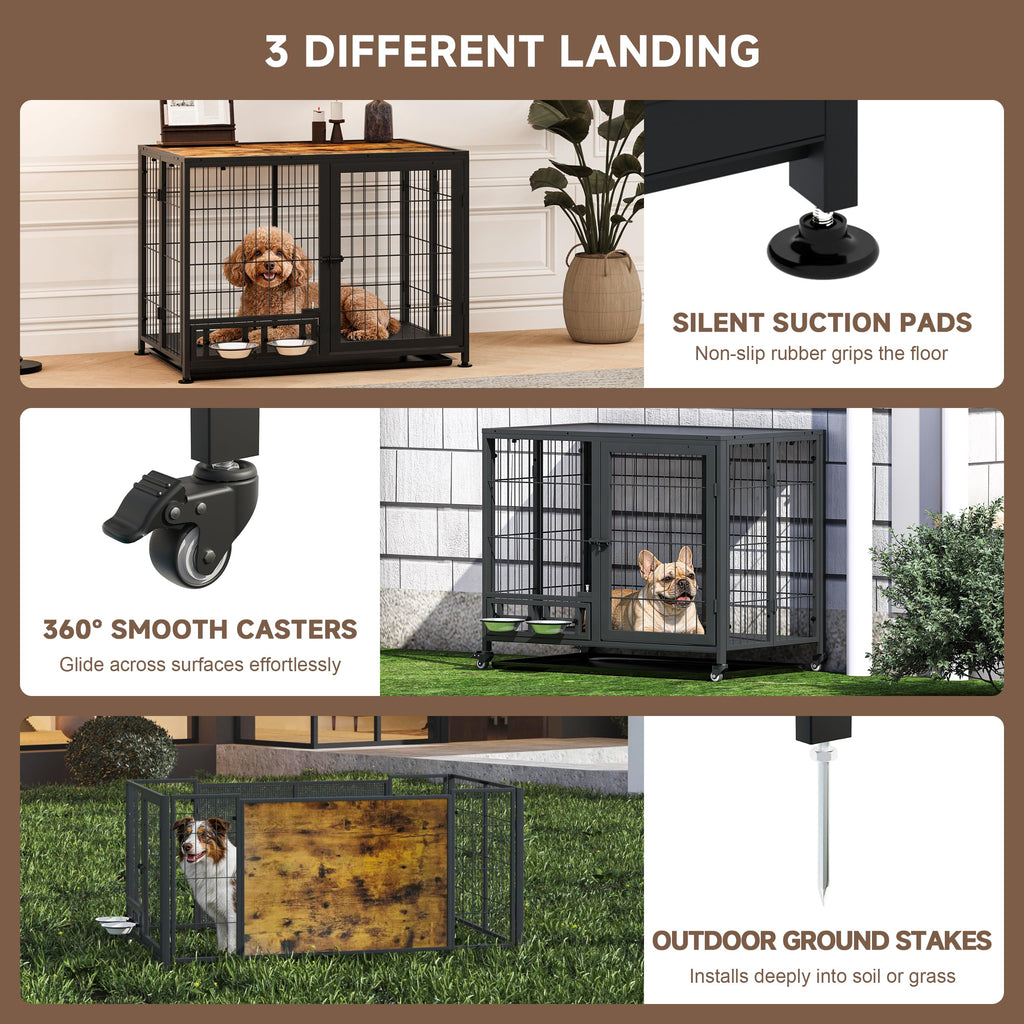 Heavy Duty Foldable Dog Crate with Wheels & Feeding Bowls N788376
