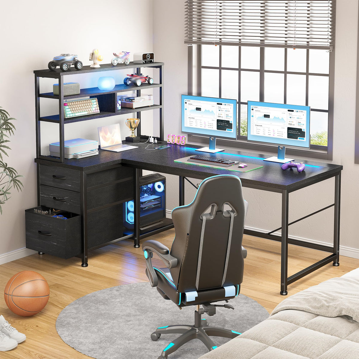 55" L Shaped Gaming Desk with 3 Fabric Drawers & Shelves V8561